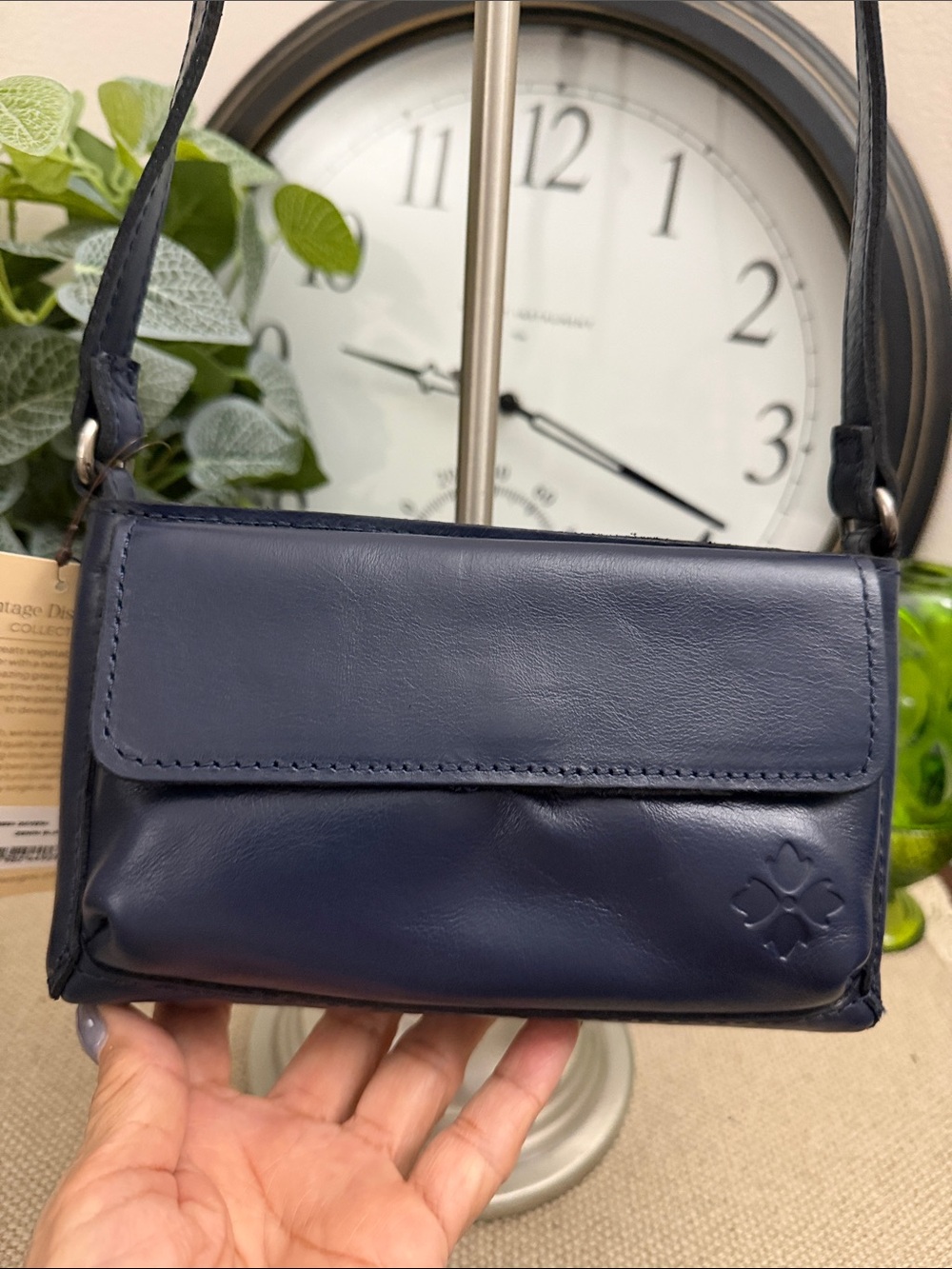 Navy Small Leather Crossbody Bag with Subtle Clover Detail - Patricia Nash